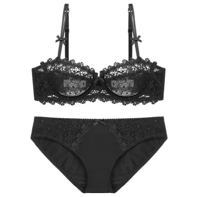 Women Sexy Solid Color Ultra-Thin Translucent Lace Anti-Sagging Bridal Bra Set
