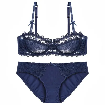 Women Sexy Solid Color Ultra-Thin Translucent Lace Anti-Sagging Bridal Bra Set
