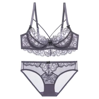 Women Sexy Ultra-Thin Lace Bridal Bra Set with Bowknot