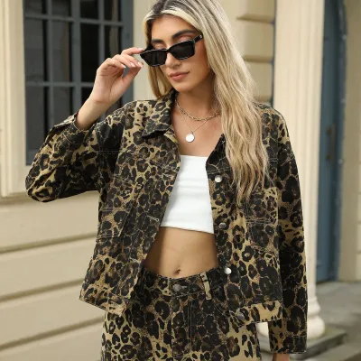 Women Casual Washed Leopard Lapel Long-Sleeve Denim Jacket
