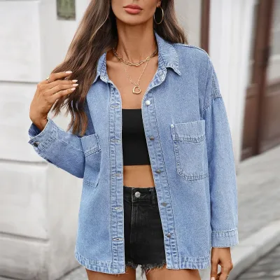 Women Casual Washed Loose Denim Jacket Cardigan Solid Color