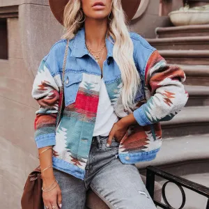 Women Casual Washed Colorblock Lapel Long-Sleeve Denim Jacket