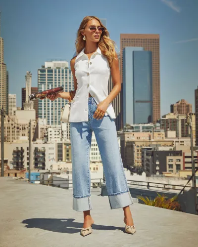 Women Fashion Casual Curled High Waist Wide Leg Jeans
