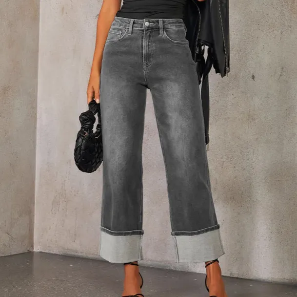 Women Fashion Casual Curled High Waist Wide Leg Jeans