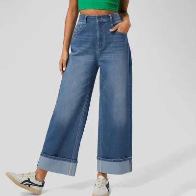 Women Fashion Casual High Waist Straight Wide Leg Jeans