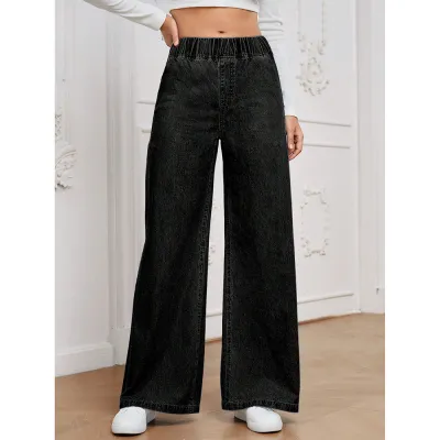 Women Casual High Waist Straight Wide Leg Cotton Jeans