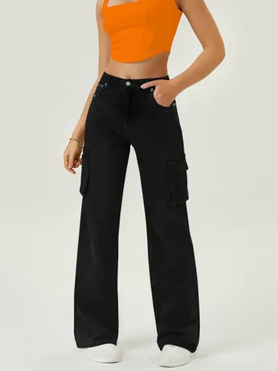 Women Casual High Waist Wide Leg Cargo Jeans