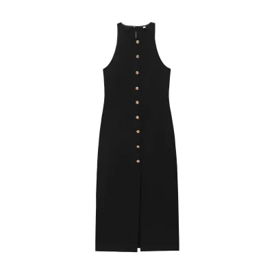 Women Gold-Plated Buckle Slim-Fit Sleeveless Long Dress