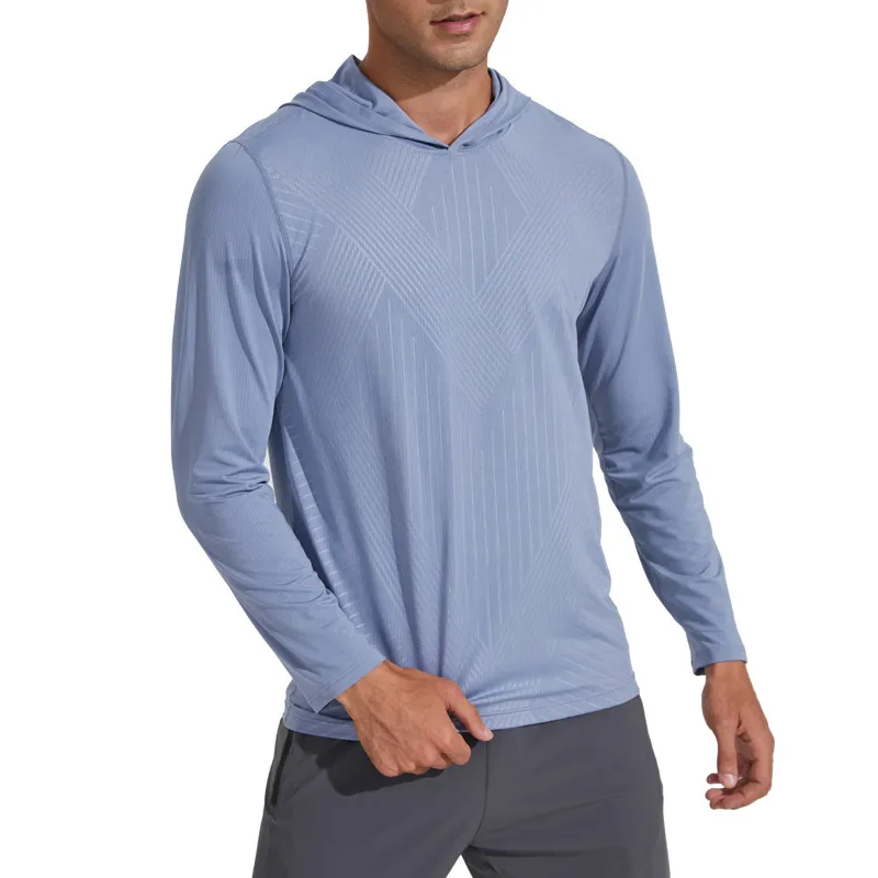 Men Fashion Casual Quick-Dry Sports Hoodie Long Sleeve Polyester Horizontal Lattice