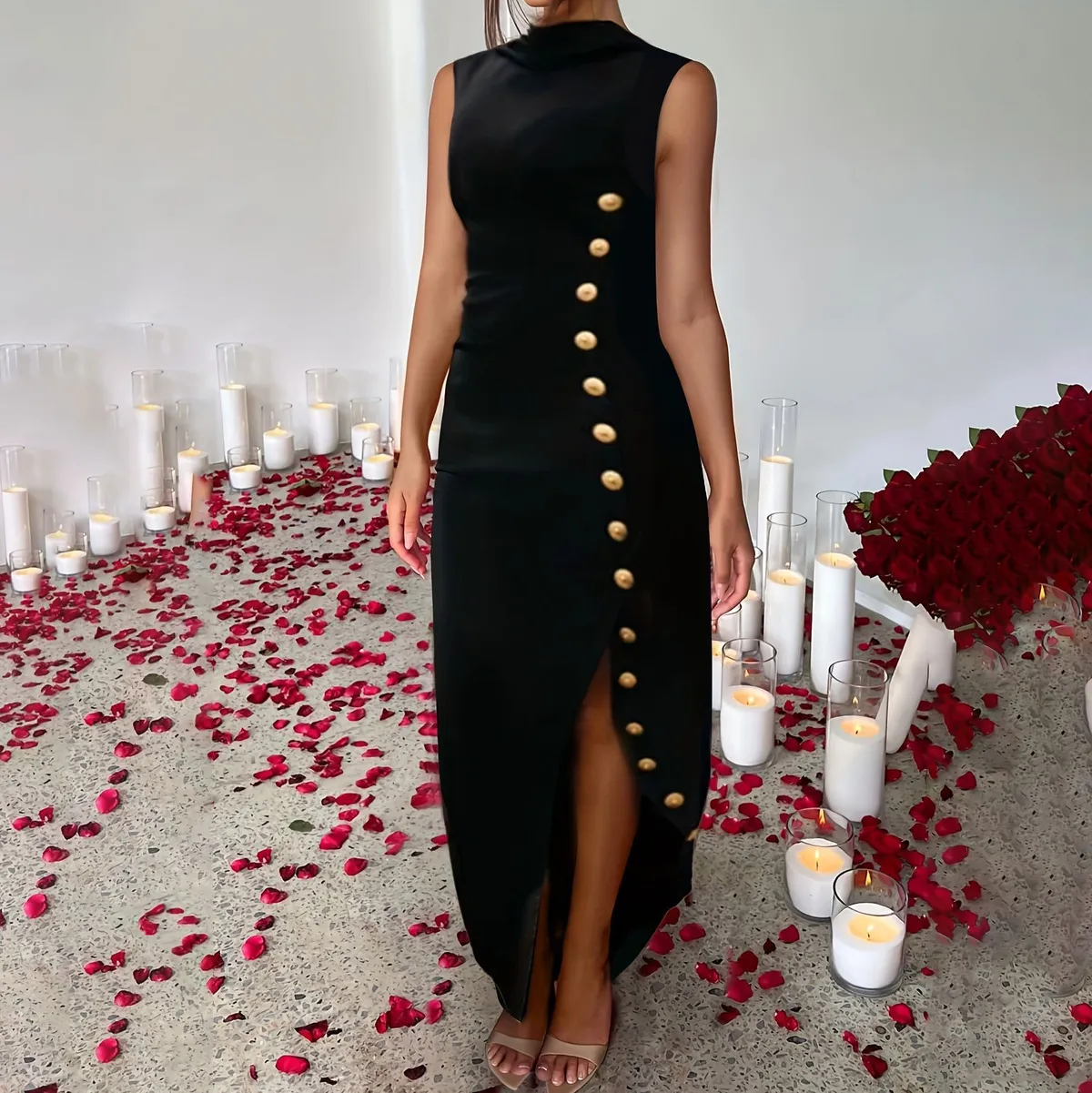 Women Sexy Solid Color Side Slit Sleeveless Maxi Dress