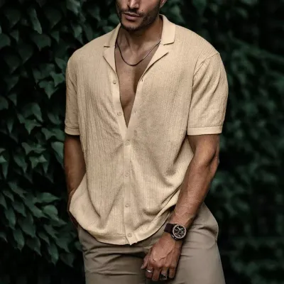 Men Casual Solid Color Lapel Short Sleeve Loose Fit Cotton Shirt