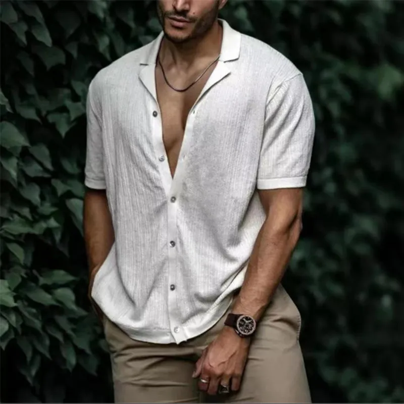 Men Casual Solid Color Lapel Short Sleeve Loose Fit Cotton Shirt