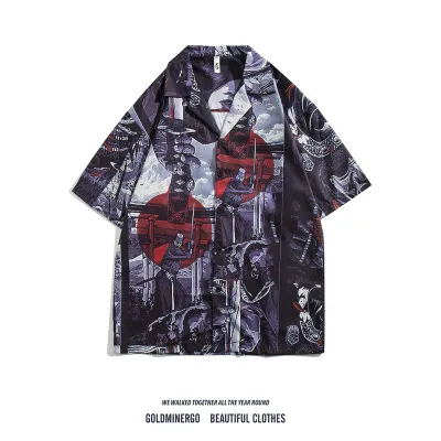 Men Fashion Casual Printed Cardigan Short-Sleeve Loose Shirt