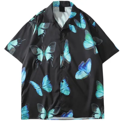 Men Fashion Casual Printed Cardigan Short-Sleeve Loose Shirt