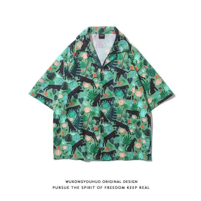 Men Fashion Casual Printed Cardigan Short-Sleeve Loose Shirt