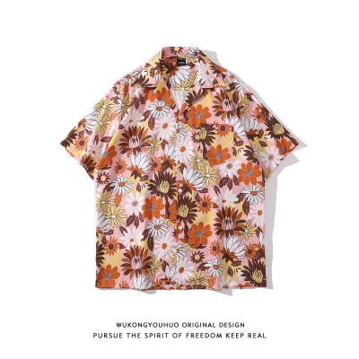 Men Fashion Casual Printed Cardigan Short-Sleeve Loose Shirt
