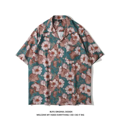 Men Fashion Casual Printed Cardigan Short-Sleeve Loose Shirt