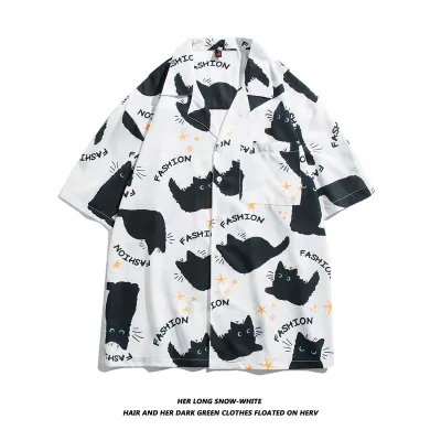 Men Fashion Casual Printed Cardigan Short-Sleeve Loose Shirt
