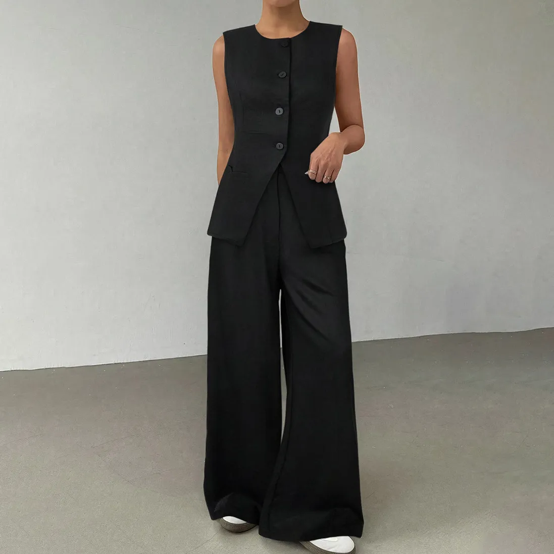 Women Casual Sleeveless Split Tank Top Slim-Fit Pants Two-Piece Set