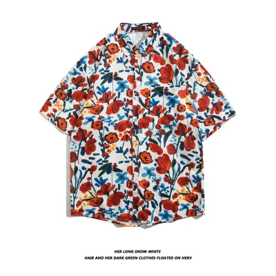 Men Fashion Casual Vacation Printed Short-Sleeve Loose Shirt