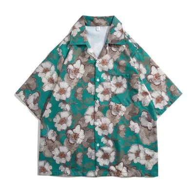 Men Fashion Casual Flower Printed Lapel Short Sleeve Loose Shirt