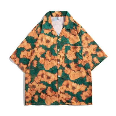 Men Solid Color Loose Fit Stand Collar Short Sleeve Cotton Blend Shirt