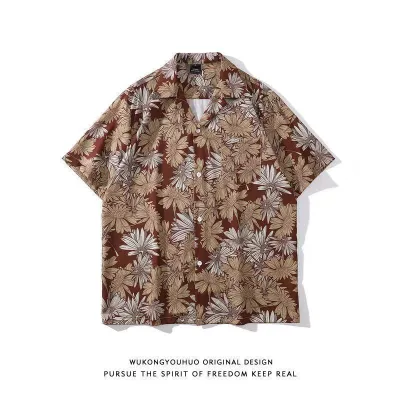 Men Solid Color Loose Fit Stand Collar Short Sleeve Cotton Blend Shirt