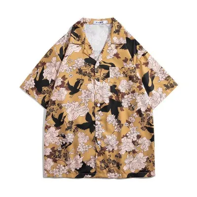 Men Solid Color Loose Fit Stand Collar Short Sleeve Cotton Blend Shirt