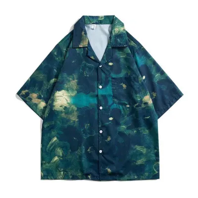 Men Solid Color Loose Fit Stand Collar Short Sleeve Cotton Blend Shirt
