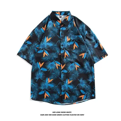 Men Fashion Casual Oil Painting Printed Lapel Short-Sleeve Loose Shirt
