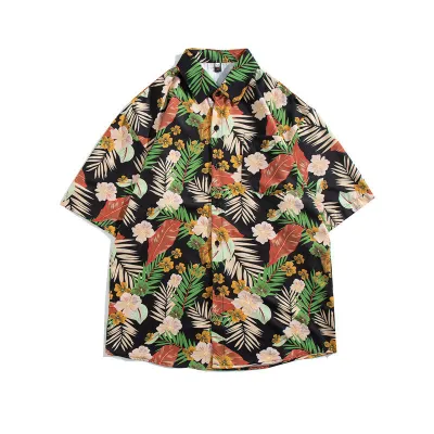 Men Fashion Casual Oil Painting Printed Lapel Short-Sleeve Loose Shirt
