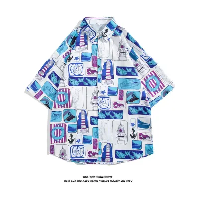 Men Fashion Casual Oil Painting Printed Lapel Short-Sleeve Loose Shirt
