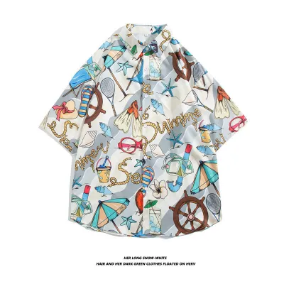 Men Fashion Casual Oil Painting Printed Lapel Short-Sleeve Loose Shirt