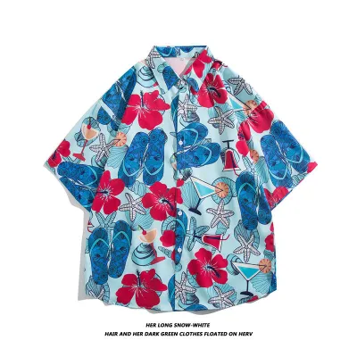Men Fashion Casual Oil Painting Printed Lapel Short-Sleeve Loose Shirt