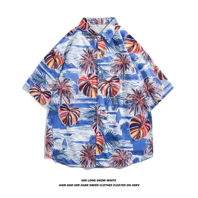 Men Fashion Casual Oil Painting Printed Lapel Short-Sleeve Loose Shirt