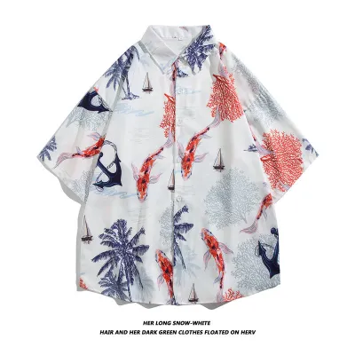 Men Fashion Casual Oil Painting Printed Lapel Short-Sleeve Loose Shirt