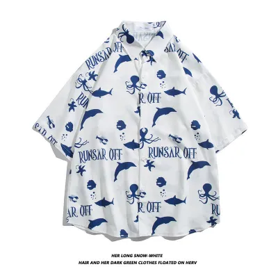 Men Fashion Casual Oil Painting Printed Lapel Short-Sleeve Loose Shirt