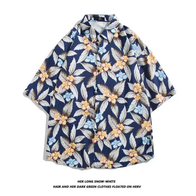 Men Fashion Casual Oil Painting Printed Lapel Short-Sleeve Loose Shirt