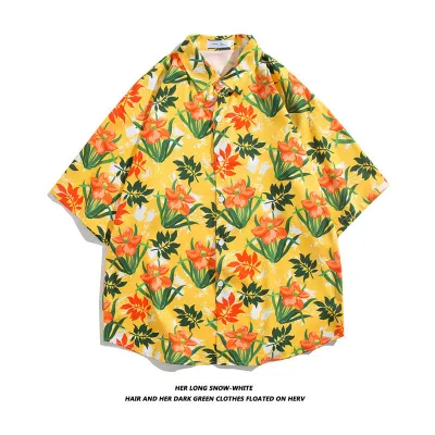 Men Fashion Casual Oil Painting Printed Lapel Short-Sleeve Loose Shirt