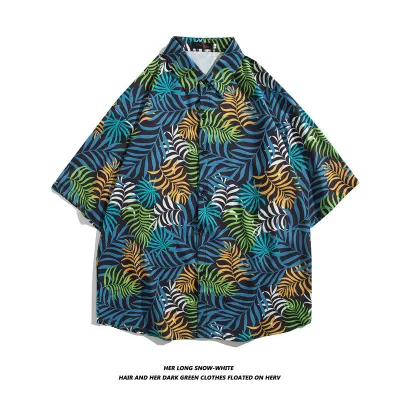 Men Fashion Casual Oil Painting Printed Lapel Short-Sleeve Loose Shirt