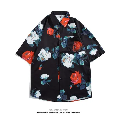 Men Fashion Casual Oil Painting Printed Lapel Short-Sleeve Loose Shirt