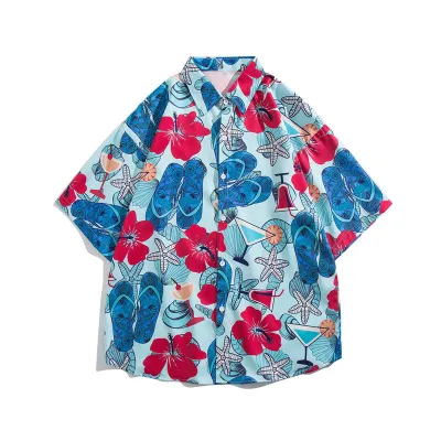 Men Fashion Casual Oil Painting Printed Lapel Short-Sleeve Loose Shirt