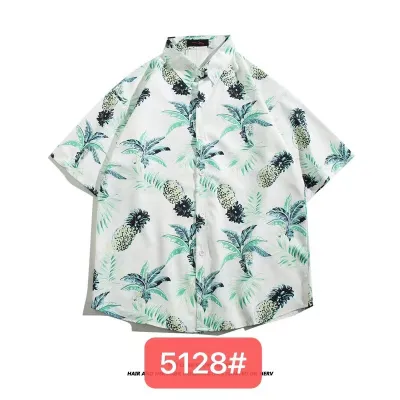 Men Fashion Casual Printed Lapel Short-Sleeve Loose Shirt