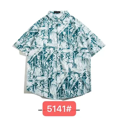 Men Fashion Casual Printed Lapel Short-Sleeve Loose Shirt