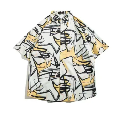 Men Fashion Casual Printed Lapel Short-Sleeve Loose Shirt