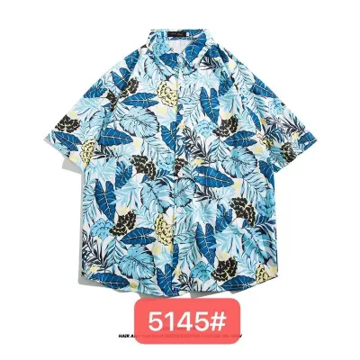 Men Fashion Casual Printed Lapel Short-Sleeve Loose Shirt