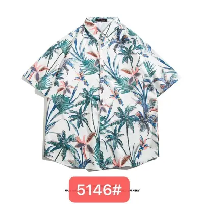 Men Fashion Casual Printed Lapel Short-Sleeve Loose Shirt