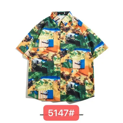 Men Fashion Casual Printed Lapel Short-Sleeve Loose Shirt