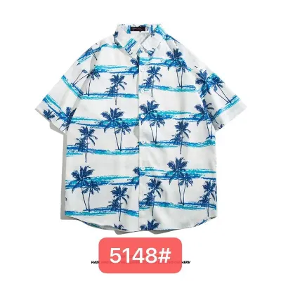 Men Fashion Casual Printed Lapel Short-Sleeve Loose Shirt
