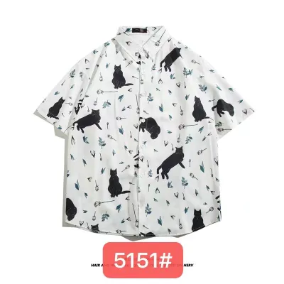 Men Fashion Casual Printed Lapel Short-Sleeve Loose Shirt